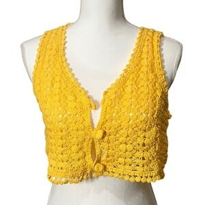 Julia by Love J Yellow Crochet Tie Front Crop Vest Top Women's Size Large